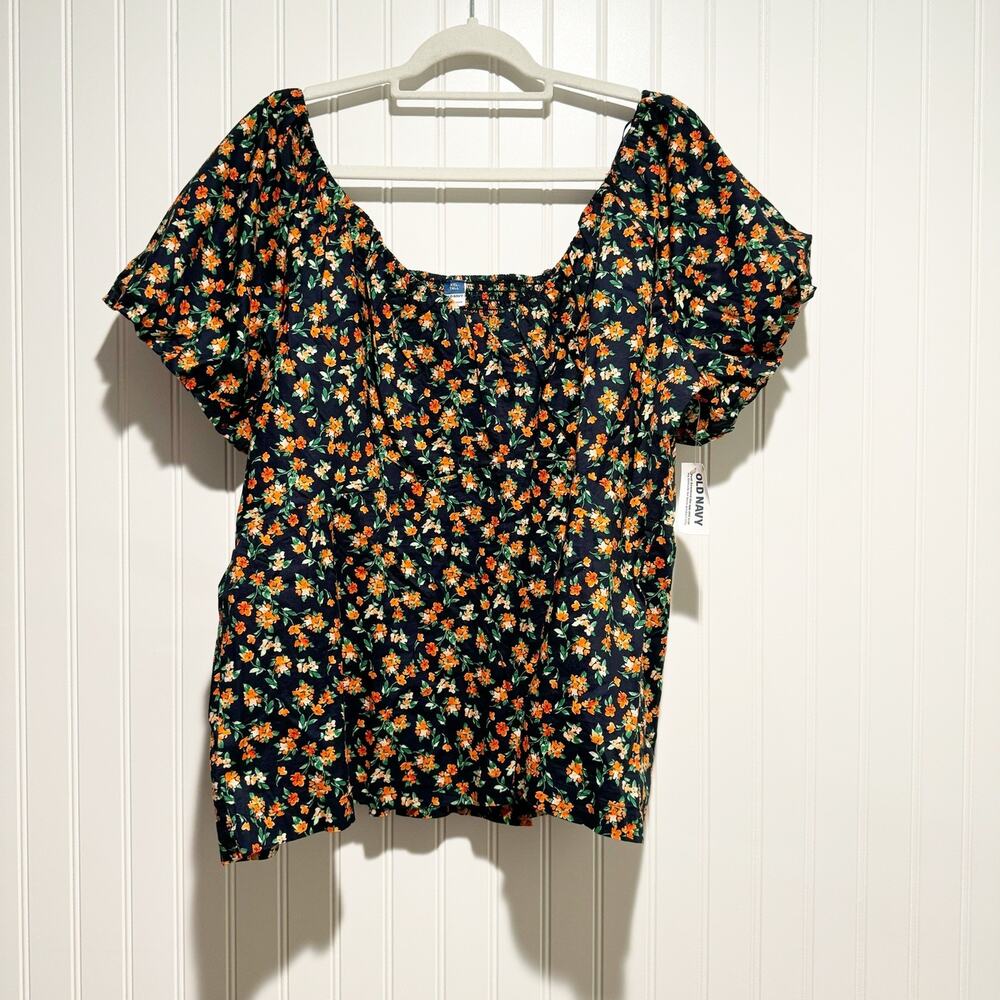 Old Navy Floral Puff Sleeve Top Navy Blue Orange Smocked NEW XXL Tall - Picture 2 of 9